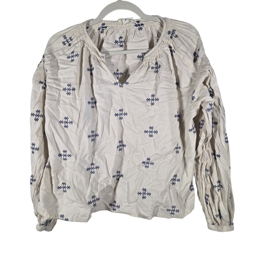 a.n.a Embroidered Blouse Womens Medium Ivory Blue Peasant Boho Geometric Top